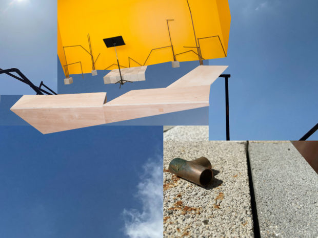 Photo of blue sky in background, over top is yellow wall with music stand and pipe installation in from.  At lower right, sidewalk image with "t" pipe fitting on ground. 